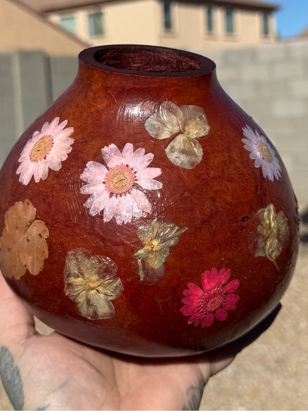 Handmade pumpkin gourd- flowers floral 6”x6” natural boho farm cottage decor